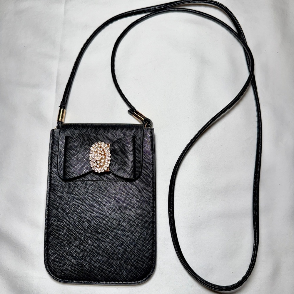 Adorable Black Evening Small Crossbody Bag with super cute Bow and shiny Brooch